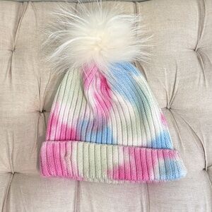 PASTEL TIE DYE BEANIE with WHITE PUFFER - YOUTH OS